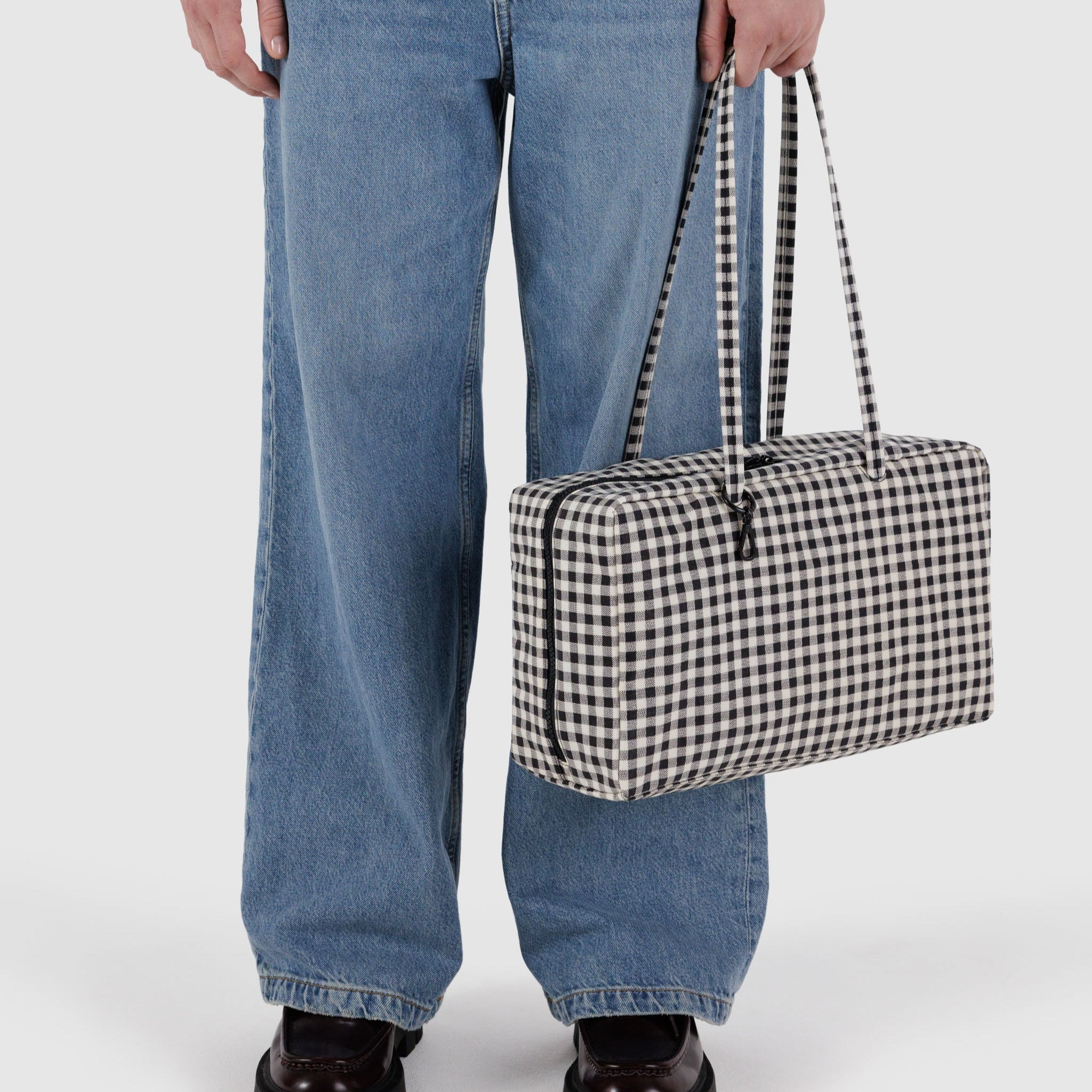BAGGU Medium Nylon Bowler Bag (Black & White Gingham)
