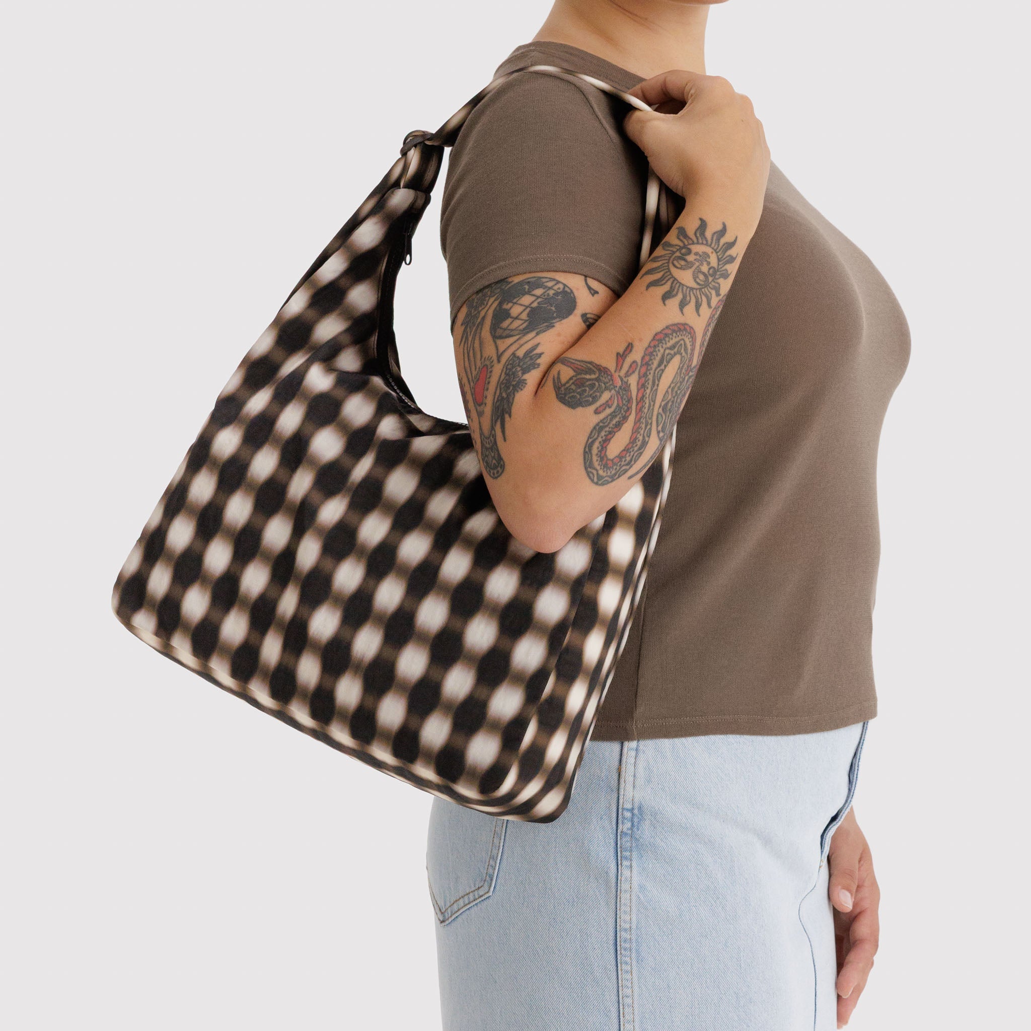 BAGGU Nylon Shoulder Bag (Blurred Gingham Brown)