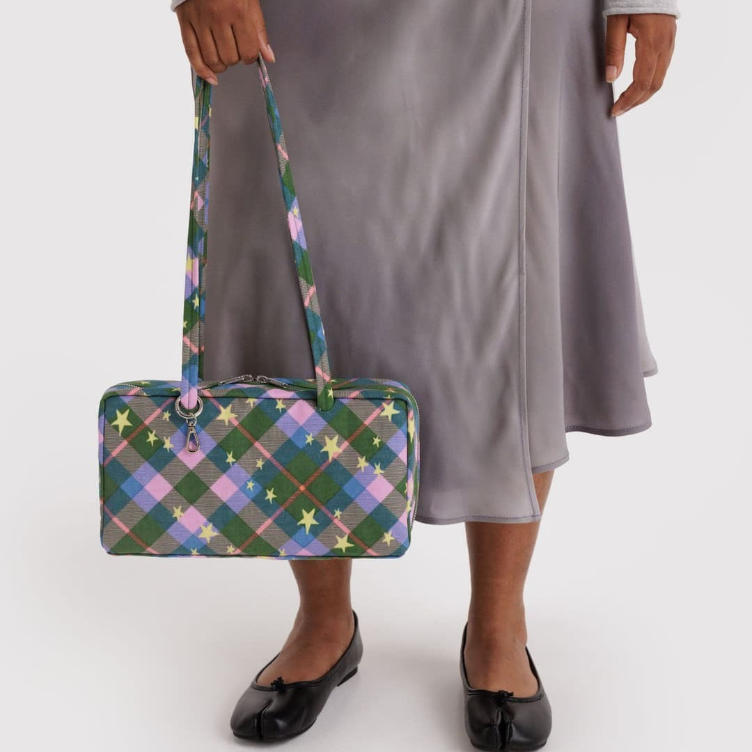 BAGGU Nylon Bowler Bag (Green Star Plaid)